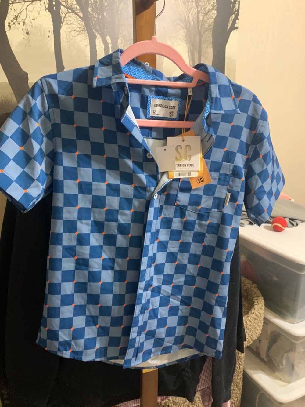 SC (Sovereign Code) Blue Checkered Short Sleeve Shirt with Orange Dots